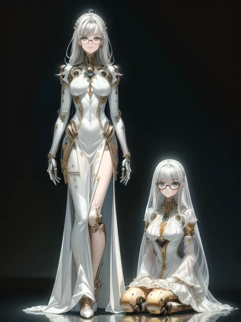 5 8K UHD, 
Two beautiful robot women with exposed internal skeletons in silver metallic bespectacled bodies kneeling,
 Gold and ...