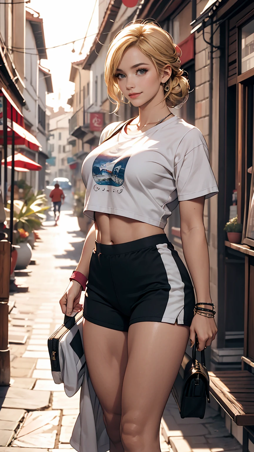 24 year old Caucasian female、hair color is blonde、Updo、Eye color is blue、A slim but muscular body、she&#39;She is wearing a T-shirt that shows her underboob.、Belly button sticking out、My abdominal muscles cracked、smile、In the intricate alleys of a traditional white-walled town on the Aegean coast、Wear a wristband、I&#39;man wearing low rise leggings、I&#39;Wearing running shoes