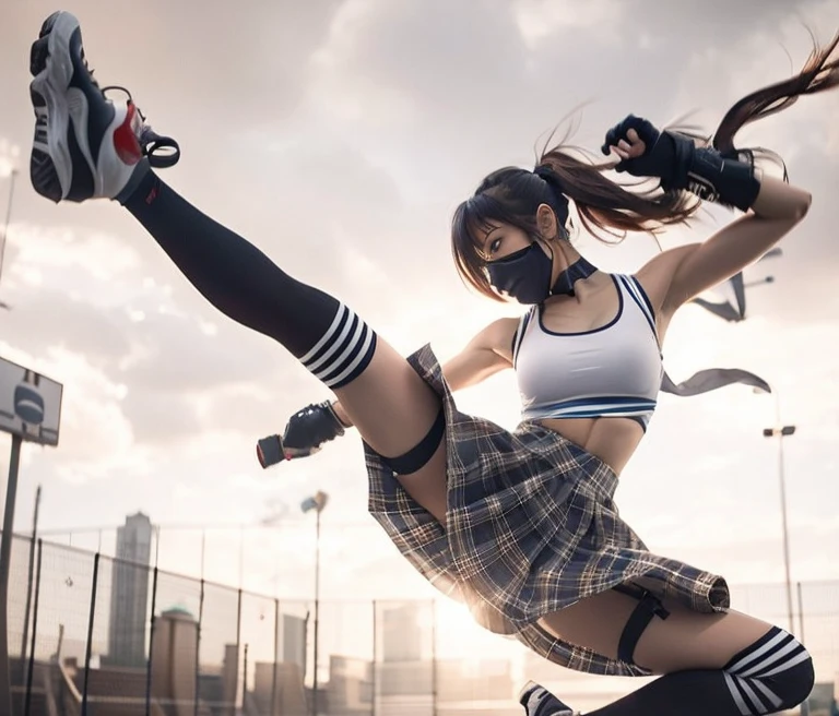 Flying kick、Kung Fu、Japanese woman wearing a skirt and top jumping in the air, Stunning action poses, athletic fashion photography, Dramatic action pose, Anime fashion meets Fujifilm, Dramatic action photography, High Quality Action Photos, Dynamic action poses、female action girl, perfect dynamic pose, Epic Action Pose, Dynamic action poses, Sports photography, athlete photography, Soar into the air