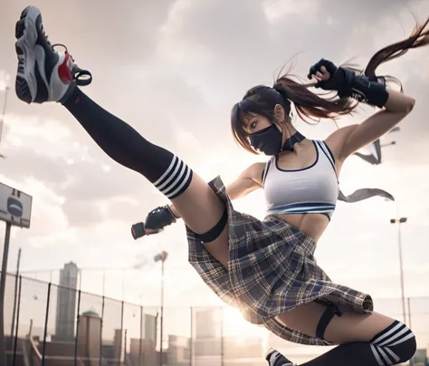 Flying kick、Kung Fu、Japanese woman wearing a skirt and top jumping in the air, Stunning action poses, athletic fashion photograp...