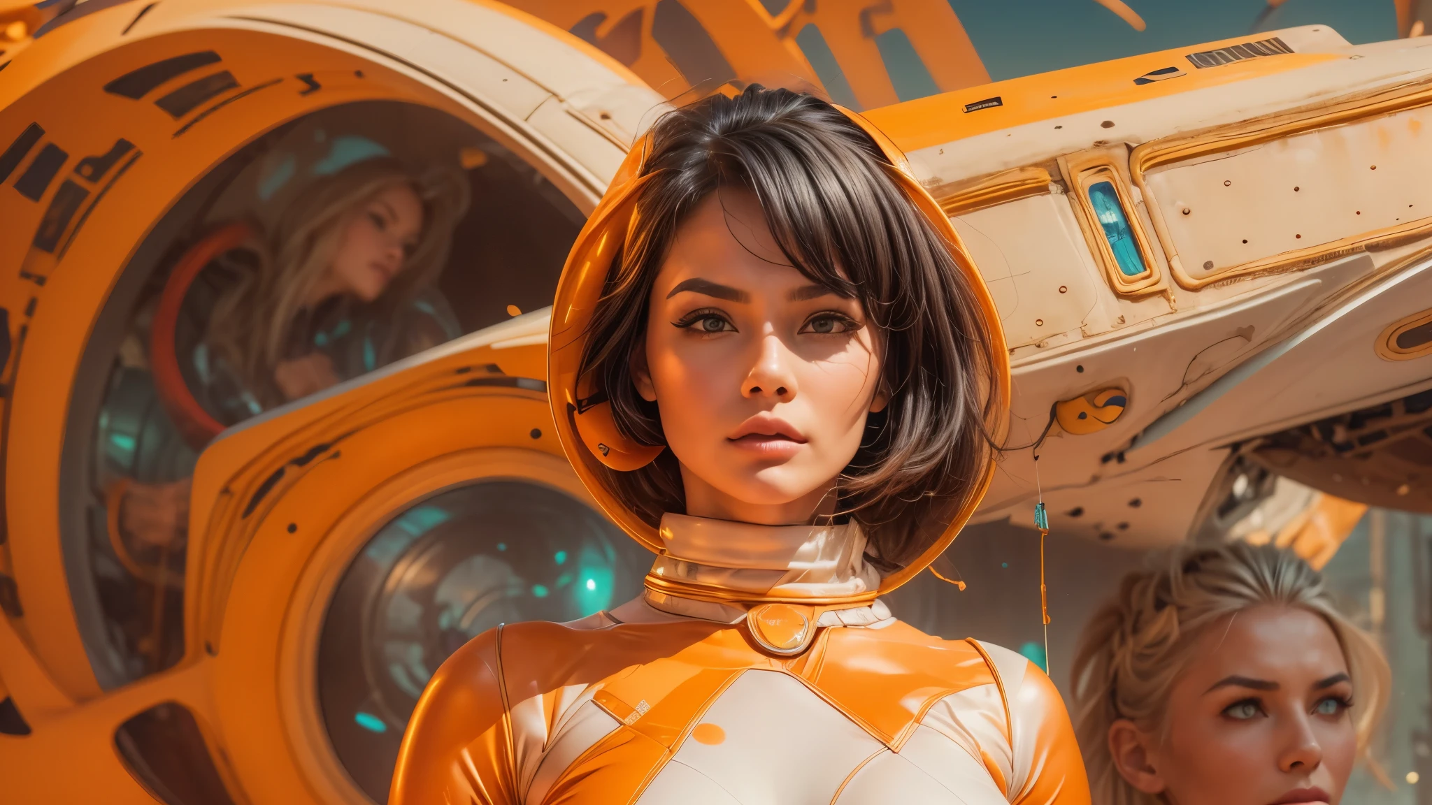 image arafée d&#39;une femme blanche dans un costume futuriste avec un vaisseau spatial en arrière-plan, art du cinéma, devant un fond orange, inspiré par Robert McGinnis, protagoniste féminine, mégastructure en arrière-plan, portrait d&#39;un astronaute IA, astronautes, un astronaute, portrait d&#39;un squelette d&#39;astronaute, fille androïde parfaite, yeux détaillés, dents parfaitement détaillées, Frank Franzzeta et Sakimichan  