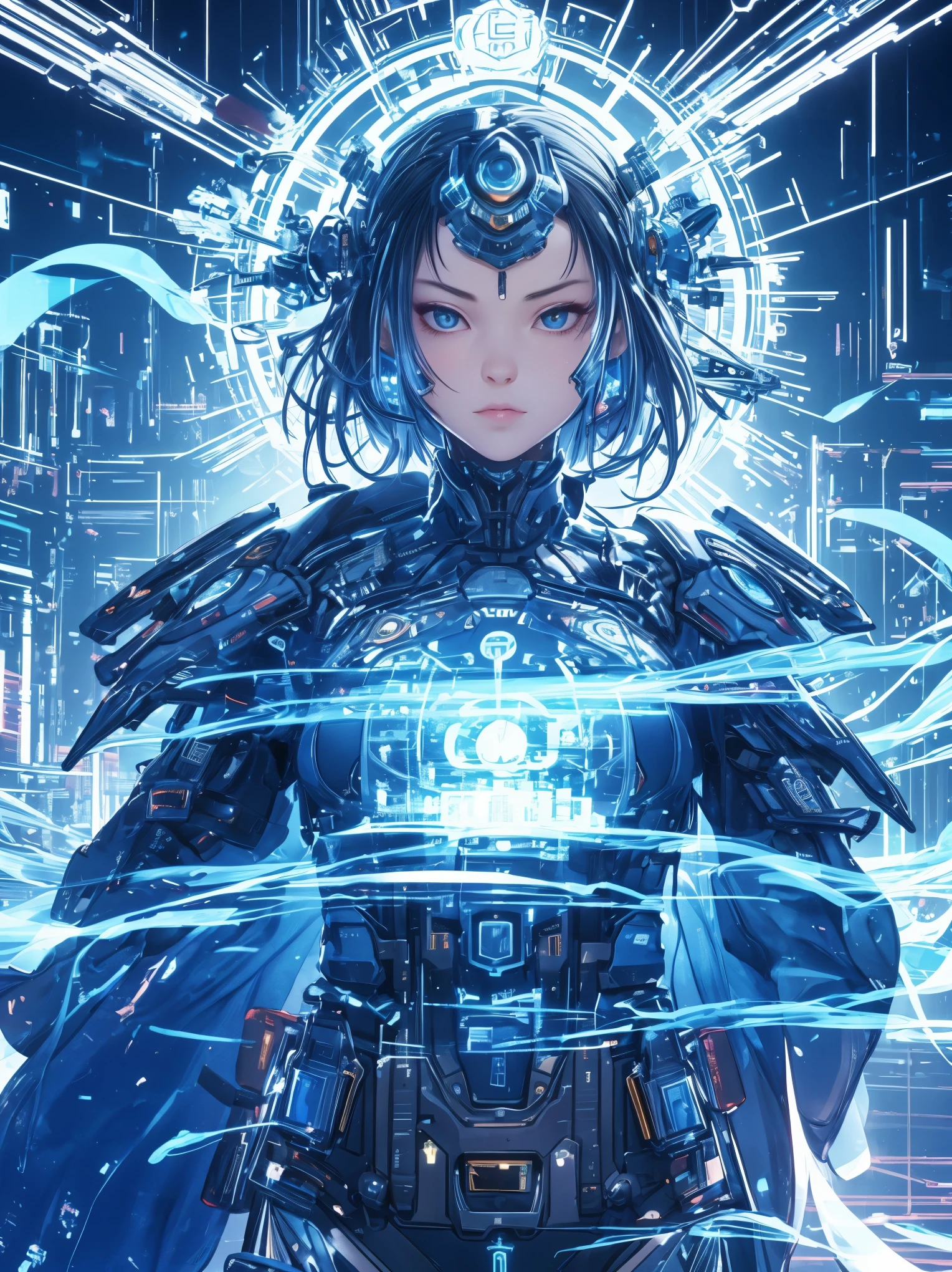 (la plus haute qualité,chef-d&#39;œuvre,Haute résolution,super bien、Une épéiste cyborg féminine portant un uniforme bleu outremer、rire avec la langue tirée)、((très beau fond fantastique))、(((cyberpunk)))、(((D&#39;innombrables personnages en arrière-plan:1.333))、(((Voir l&#39;image complète)))、(((nuit)))、