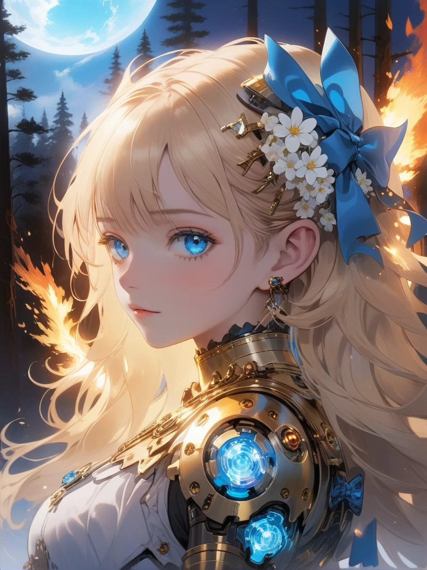 (covered in flowers:1.4), (1girl), blue eyes, night sky, robot joints, (raw flesh:1.3), (blonde hair:1.3), faize, fire and ice, (image split in half with multiple colours:2), (cogs attached to body:1.2), gold plates, blue eyes, sapphire, liquid metal, night sky, (looking at an angle:1.3), (fire and ice), ((ral-chrome)), (hair bow:1.4), (forest:1.3), (fog:1.3)