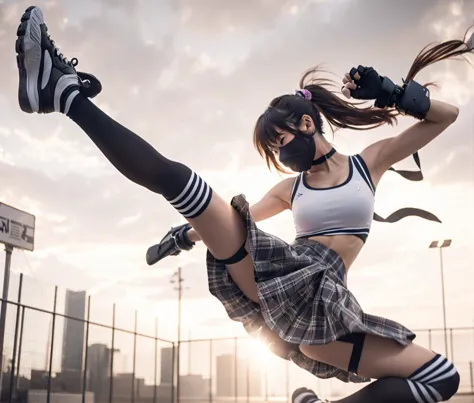 (Flying kick)、Kung Fu、(Japanese woman wearing a skirt and top jumping in the air), Black Mask、Stunning action poses, athletic fa...