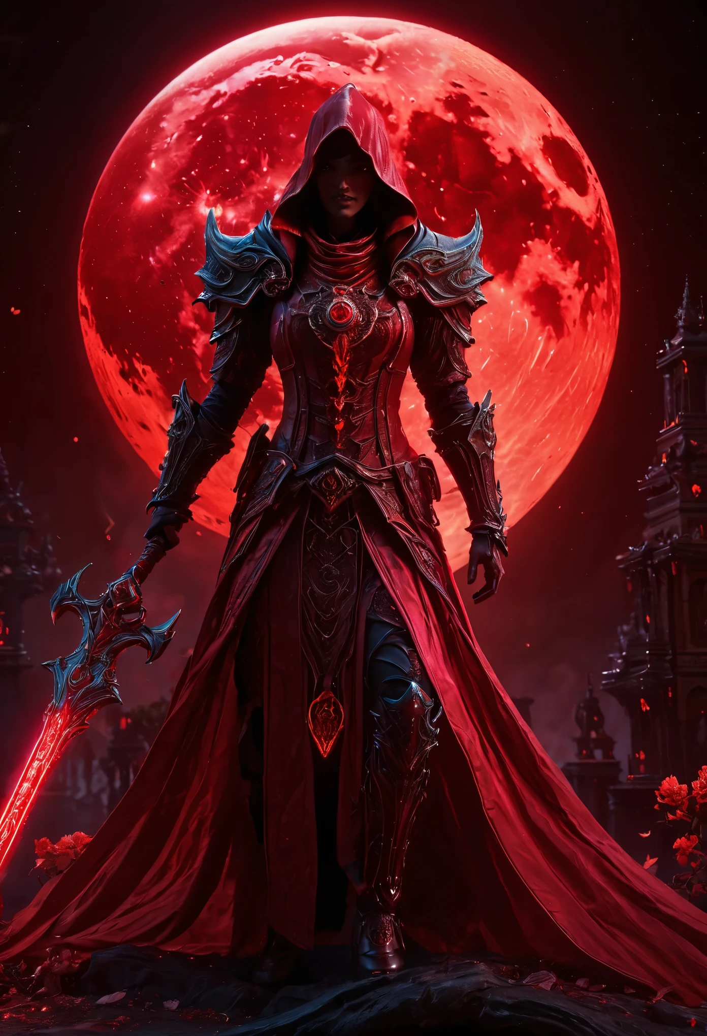 Red Necromancer, Blood Moon, Ray Tracing, masterpiece, highest quality, super high quality, Absurd detailed, best Light, Best Shadow, sharp, sharp image, detailed, extremely detailed, Amazing resolution, 8k, 4K, Ultra-high resolution, Particle Effects, Beautiful Effects, Vibrant colors, neon Light, neon, Light,