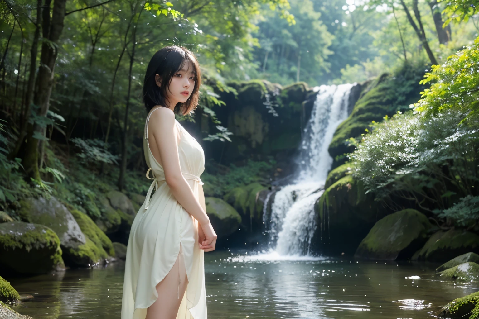 Japan, minimum, harmony, tranquility, Fantasy, (summer:1.2), forest with impressive fresh young leaves, Light Shower in the Forest, Girl staring into the distance, slender, floating Medium Hair, diffused natural skin glow, bangs, Dresses in light colors, masterpiece, highest quality, RAW Photos, sigma 50mm f1.4, candytt