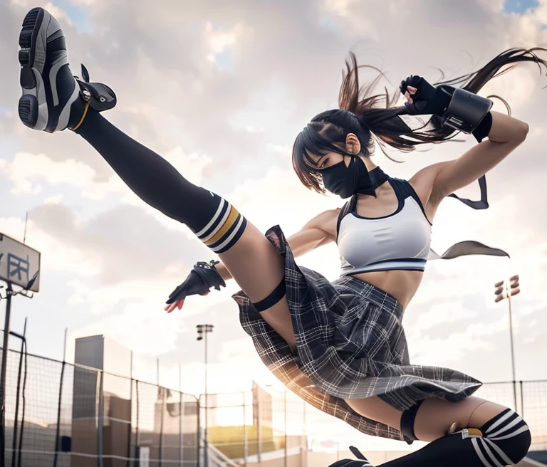 (Flying kick)、Kung Fu、(Japanese woman wearing a skirt and top jumping in the air), Black Mask、Stunning action poses, Skirt fluttering in the wind、Hair blowing in the wind、athletic fashion photography, Black Wristband、black leather gloves、Black panties、Dramatic action pose, Anime fashion meets Fujifilm, Dramatic action photography, High Quality Action Photos, Dynamic action poses、female action girl, perfect dynamic pose, Epic Action Pose, Dynamic action poses, Sports photography, athlete photography, Soar into the air