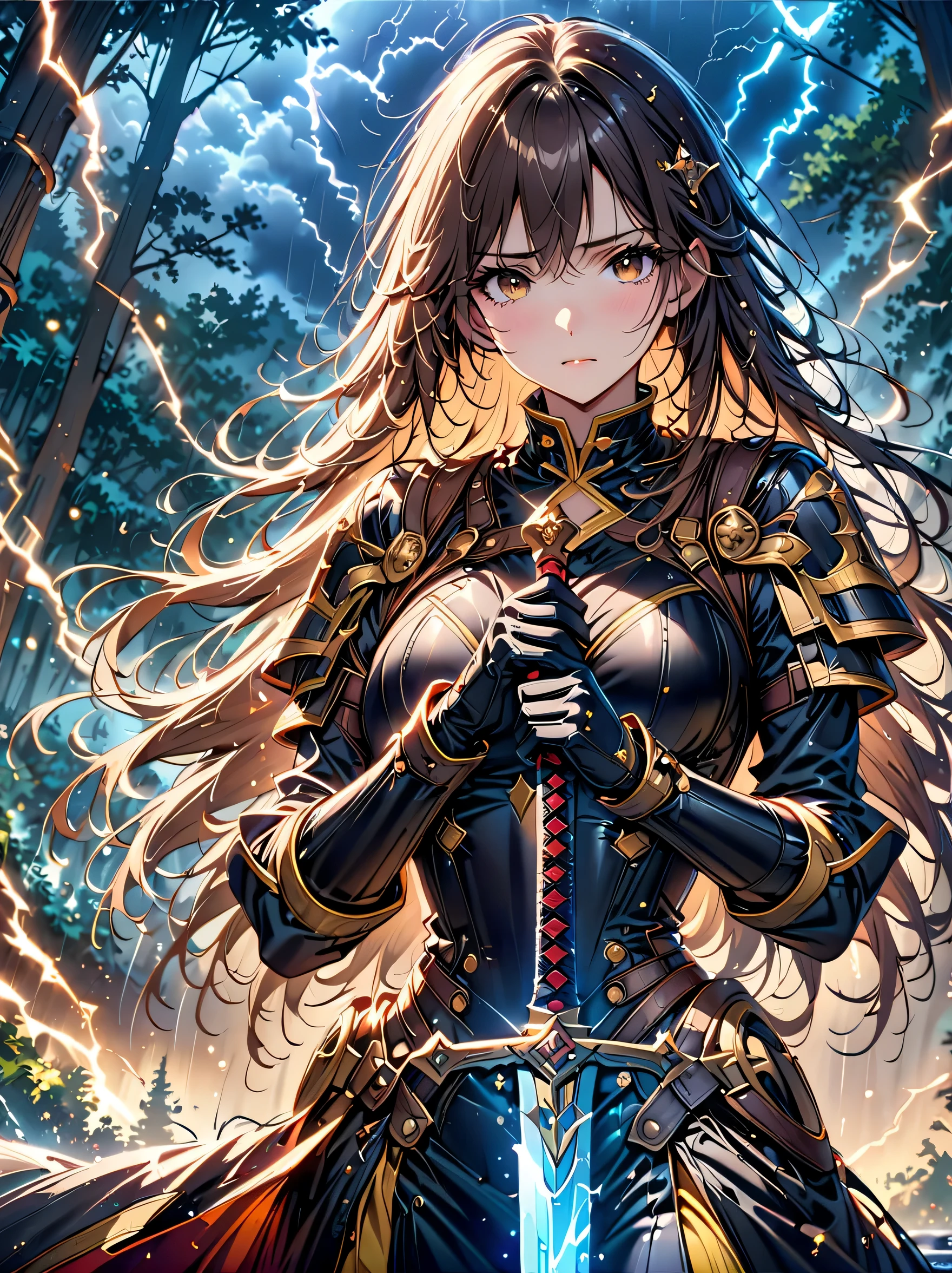 Fantasy, forest landscape photo, Swedish beauty, skin moist and shiny, (18-year-old female swordsman in a glittering battle uniform, with glittering golden decorations and a long sword that shines), (path, night, thunderstorm, terrible) cloudy, rainwater: 1.2), (details: 1.2), light, sad, brown eyes, symmetrical features, delicate hands, exquisite fingers, glittering battle uniforms, (masterpiece: 1.2), (magnificent Composition: 1.4), (Talent: 1.2), Super detailed, Very detailed, Crazy details, (Real photo: 1.2), High resolution, 8k, Exquisite, Sharp, Grace, Dreamy bright colors, high quality,