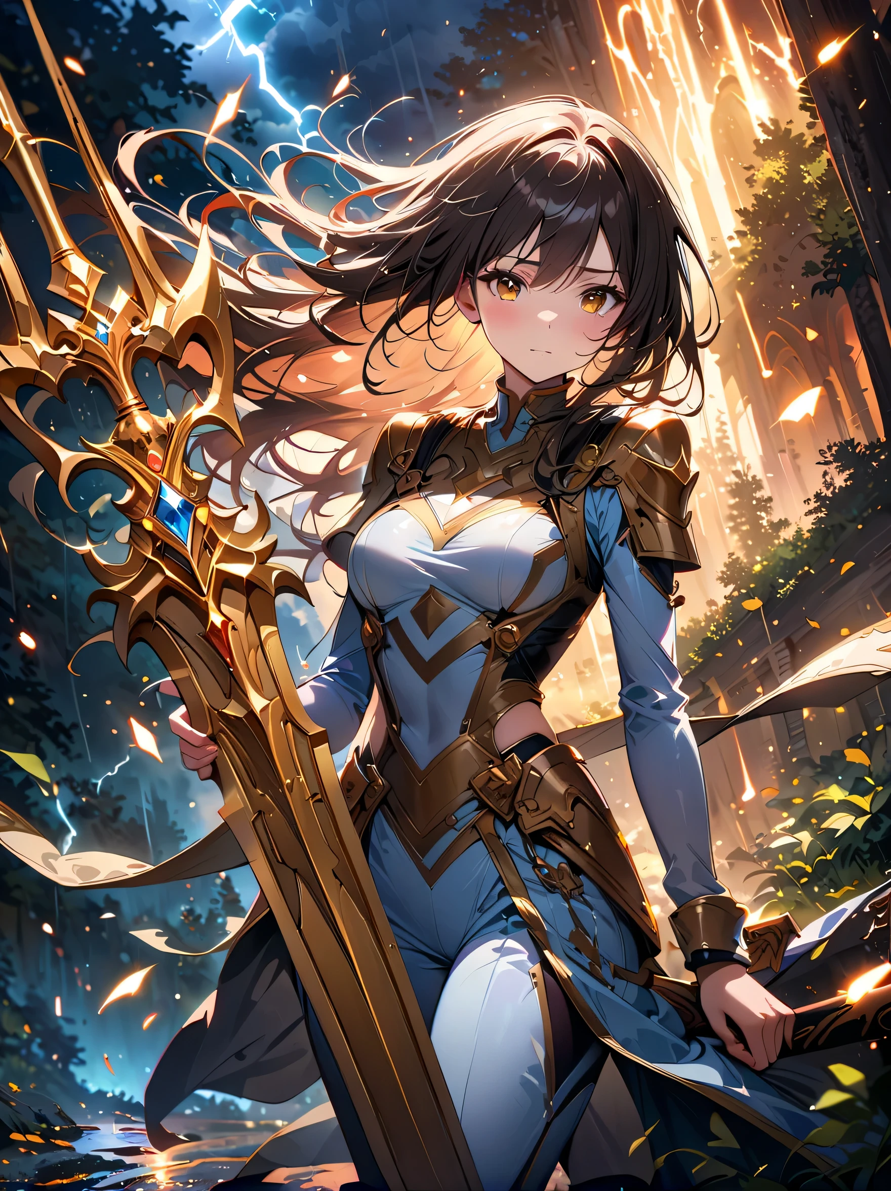 Fantasy, forest landscape photo, Swedish beauty, skin moist and shiny, (1 female swordsman in a glittering battle uniform, with glittering golden decorations and a long sword that shines), (path, night, thunderstorm, terrible) cloudy, rainwater: 1.2), (details: 1.2), light, sad, brown eyes, symmetrical features, delicate hands, exquisite fingers, glittering battle uniforms, (masterpiece: 1.2), (magnificent Composition: 1.4), (Talent: 1.2), Super detailed, Very detailed, Crazy details, (Real photo: 1.2), High resolution, 8k, Exquisite, Sharp, Grace, Dreamy bright colors, high quality,