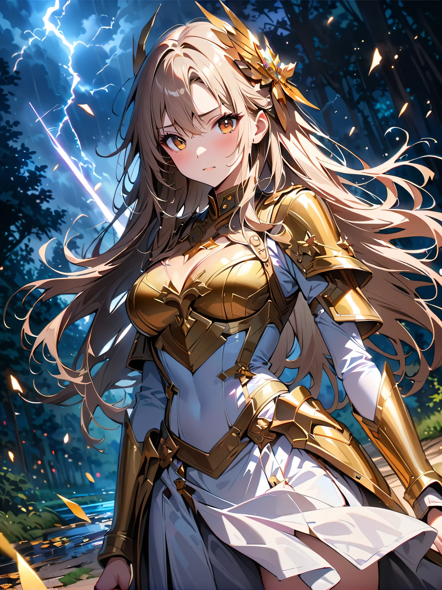 Fantasy, forest landscape photo, Swedish beauty, skin moist and shiny, (18-year-old female swordsman in a glittering battle uniform, with glittering golden decorations and a long sword that shines), (path, night, thunderstorm, terrible) cloudy, rainwater: 1.2), (details: 1.2), light, sad, brown eyes, symmetrical features, delicate hands, exquisite fingers, glittering battle uniforms, (masterpiece: 1.2), (magnificent Composition: 1.4), (Talent: 1.2), Super detailed, Very detailed, Crazy details, (Real photo: 1.2), High resolution, 8k, Exquisite, Sharp, Grace, Dreamy bright colors, high quality,