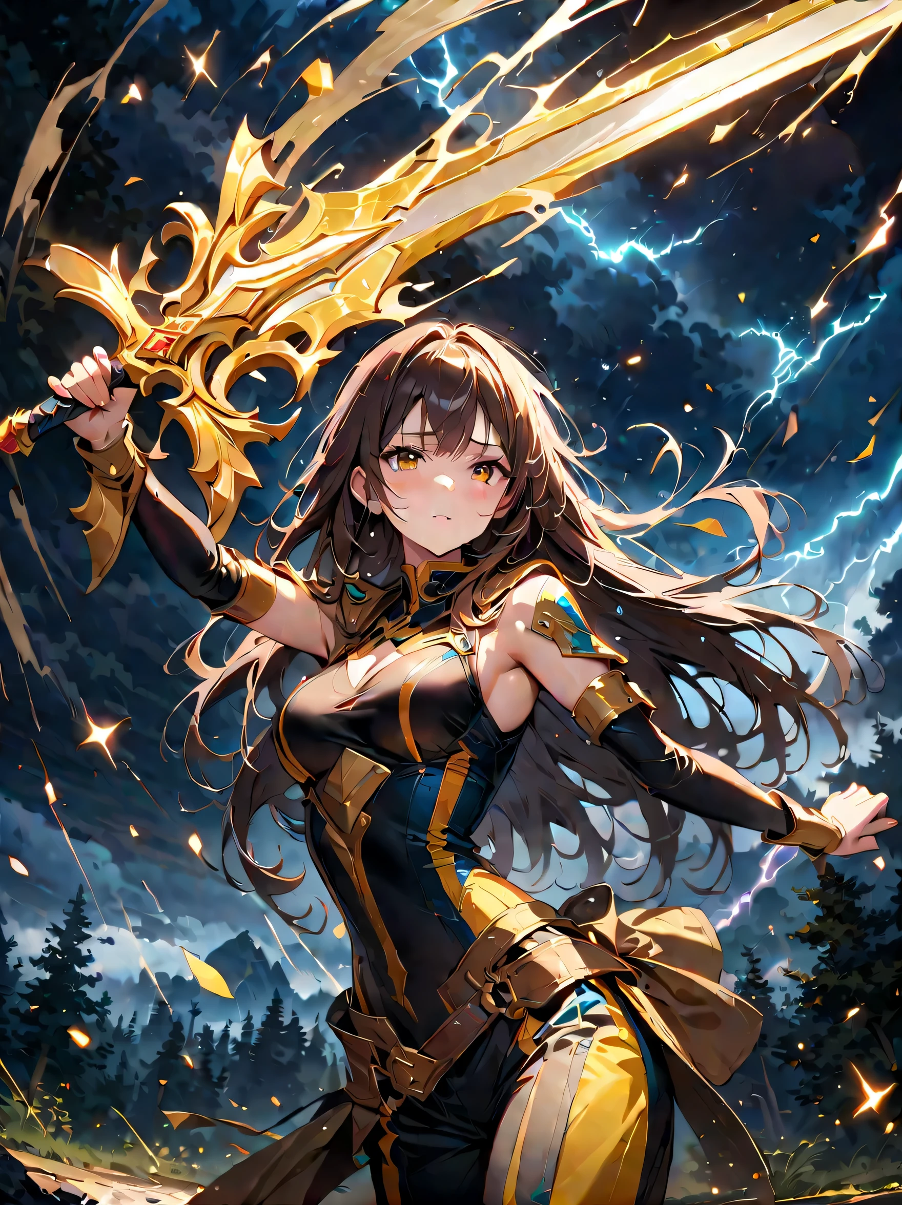 Fantasy, forest landscape photo, Swedish beauty, skin moist and shiny, (18-year-old female swordsman in a glittering battle uniform, with glittering golden decorations and a long sword that shines), (path, night, thunderstorm, terrible) cloudy, rainwater: 1.2), (details: 1.2), light, sad, brown eyes, symmetrical features, delicate hands, exquisite fingers, glittering battle uniforms, (masterpiece: 1.2), (magnificent Composition: 1.4), (Talent: 1.2), Super detailed, Very detailed, Crazy details, (Real photo: 1.2), High resolution, 8k, Exquisite, Sharp, Grace, Dreamy bright colors, high quality,