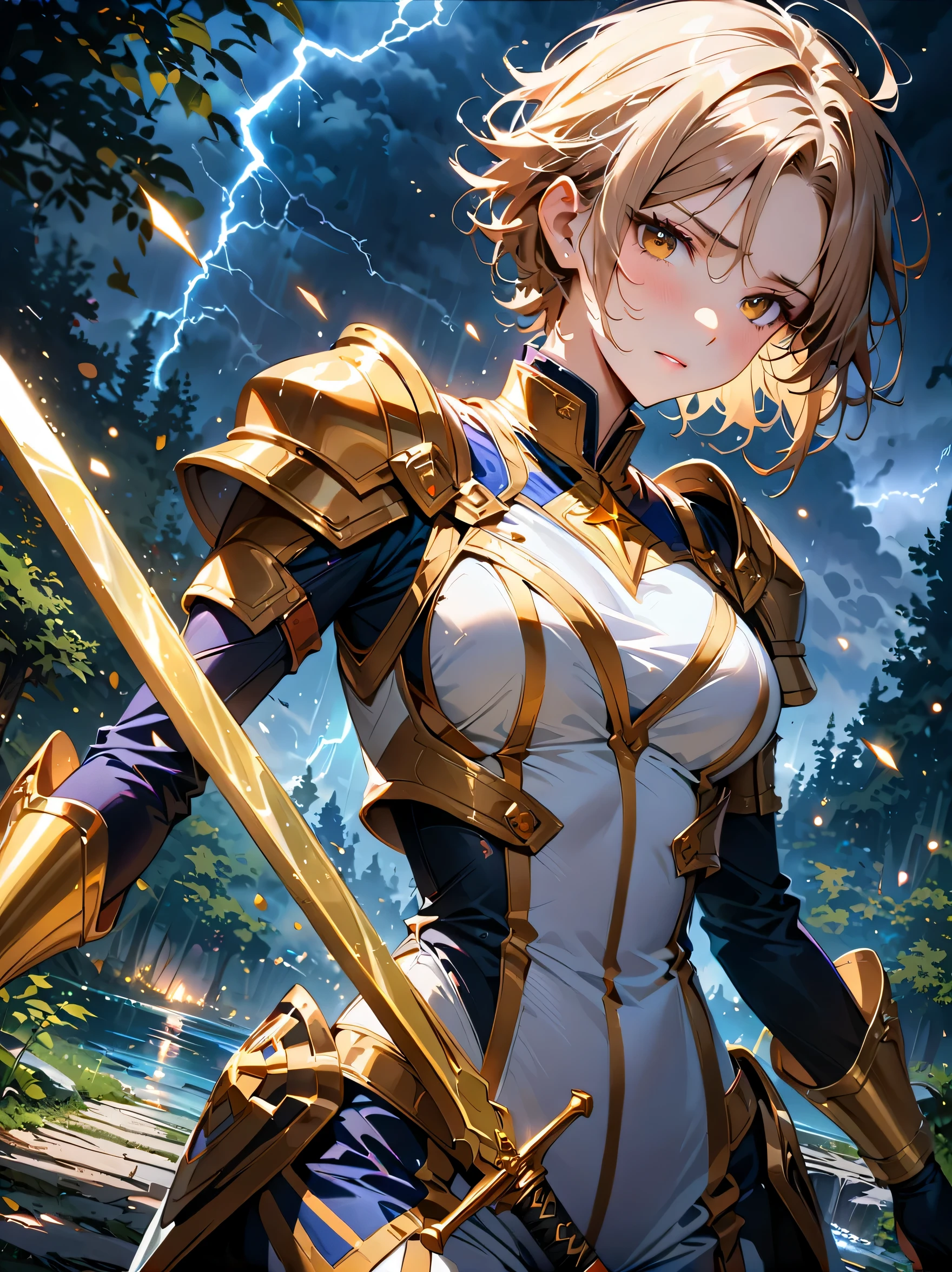 Fantasy, forest landscape photo, Swedish beauty, skin moist and shiny, (18-year-old female swordsman in a glittering battle uniform, with glittering golden decorations and a long sword that shines), (path, night, thunderstorm, terrible) cloudy, rainwater: 1.2), (details: 1.2), light, sad, brown eyes, symmetrical features, delicate hands, exquisite fingers, glittering battle uniforms, (masterpiece: 1.2), (magnificent Composition: 1.4), (Talent: 1.2), Super detailed, Very detailed, Crazy details, (Real photo: 1.2), High resolution, 8k, Exquisite, Sharp, Grace, Dreamy bright colors, high quality,