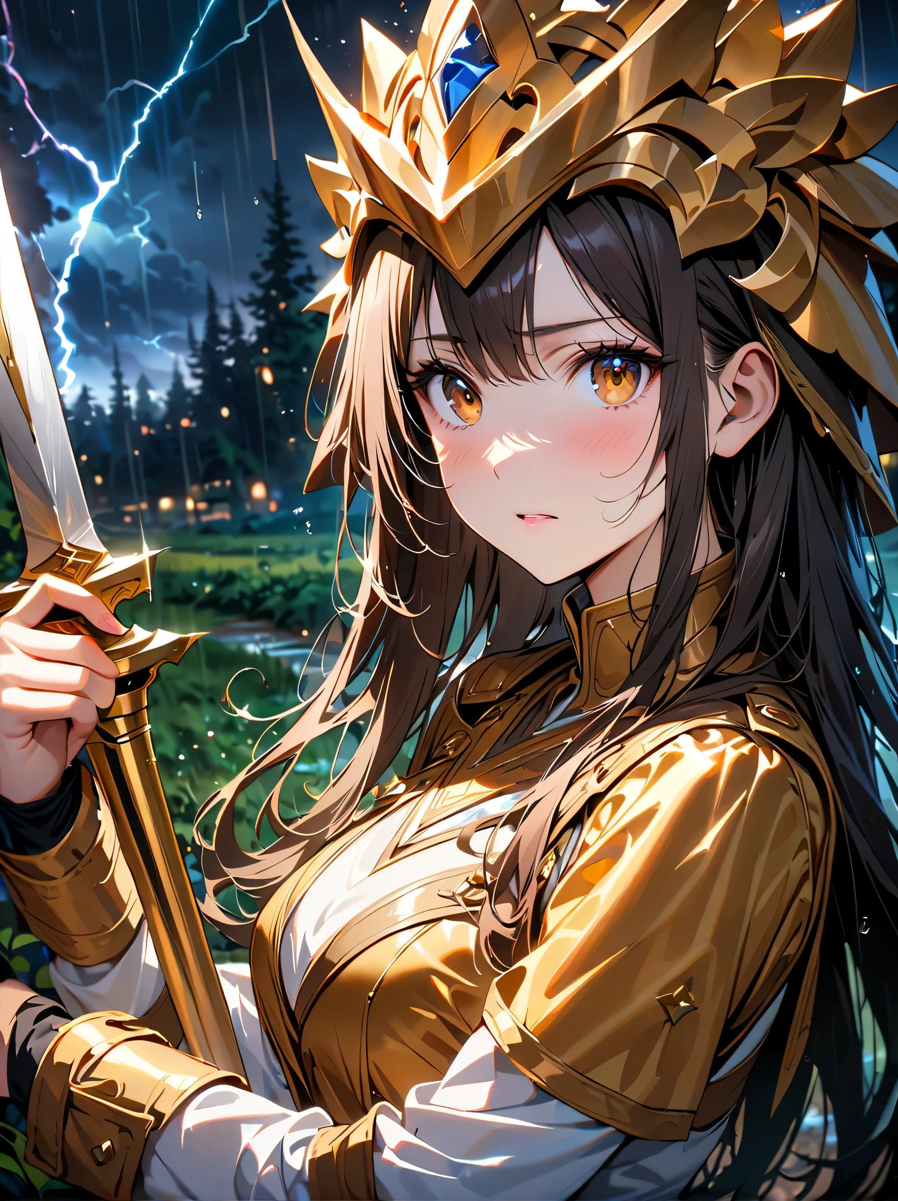 Fantasy, forest landscape photo, Swedish beauty, skin moist and shiny, (1 female swordsman in a glittering battle uniform, with glittering golden decorations and a long sword that shines), (path, night, thunderstorm, terrible) cloudy, rainwater: 1.2), (details: 1.2), light, sad, brown eyes, symmetrical features, delicate hands, exquisite fingers, glittering battle uniforms, (masterpiece: 1.2), (magnificent Composition: 1.4), (Talent: 1.2), Super detailed, Very detailed, Crazy details, (Real photo: 1.2), High resolution, 8k, Exquisite, Sharp, Grace, Dreamy bright colors, high quality,