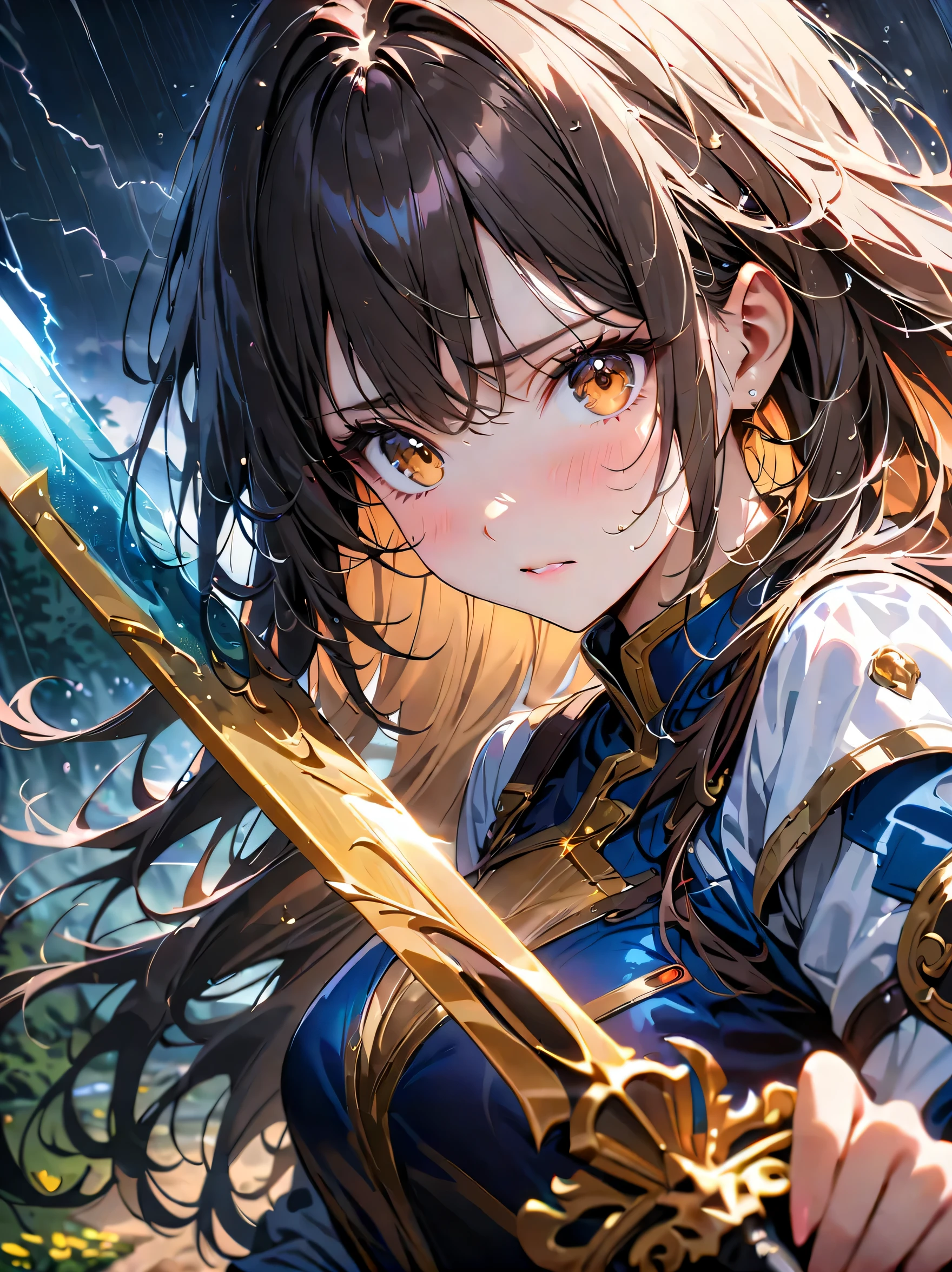 Fantasy, forest landscape photo, Swedish beauty, skin moist and shiny, (18-year-old female swordsman in a glittering battle uniform, with glittering golden decorations and a long sword that shines), (path, night, thunderstorm, terrible) cloudy, rainwater: 1.2), (details: 1.2), light, sad, brown eyes, symmetrical features, delicate hands, exquisite fingers, glittering battle uniforms, (masterpiece: 1.2), (magnificent Composition: 1.4), (Talent: 1.2), Super detailed, Very detailed, Crazy details, (Real photo: 1.2), High resolution, 8k, Exquisite, Sharp, Grace, Dreamy bright colors, high quality,