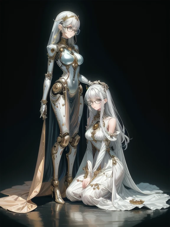 5 8K UHD, 
Two beautiful robot women with exposed internal skeletons in silver metallic bespectacled bodies kneeling,
 Gold and silver metal robot with transparent clear glass exoskeleton,
 wear clear princess dress,
The face is a beautiful human face
