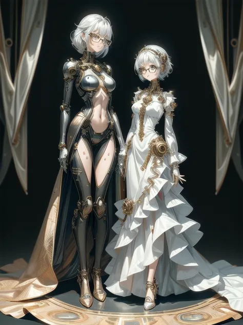 5 8K UHD, 
Two beautiful robot women with exposed internal skeletons in silver metallic bespectacled bodies kneeling,
 Gold and ...