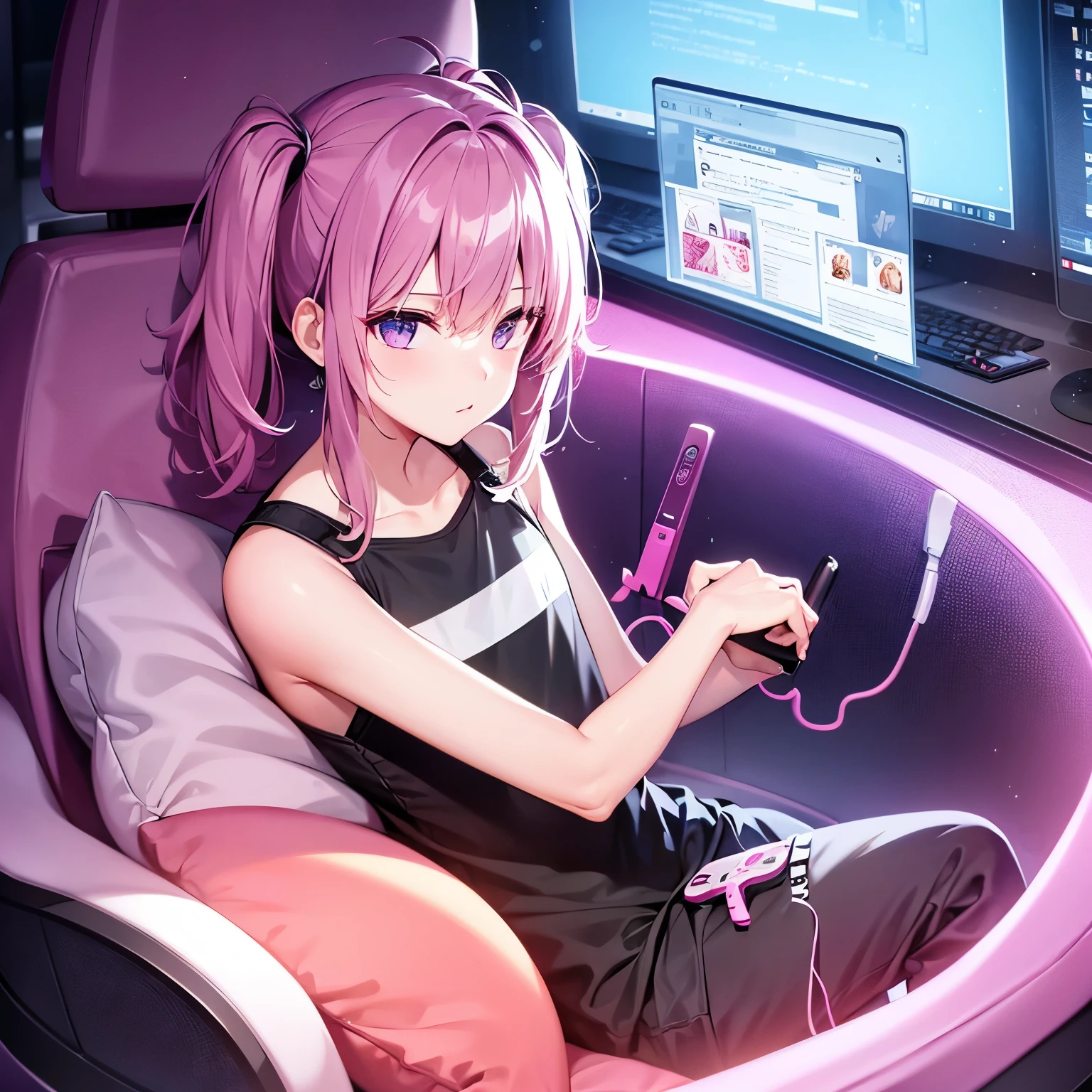 Anime girl sitting in a car with a laptop and a cell phone - SeaArt AI