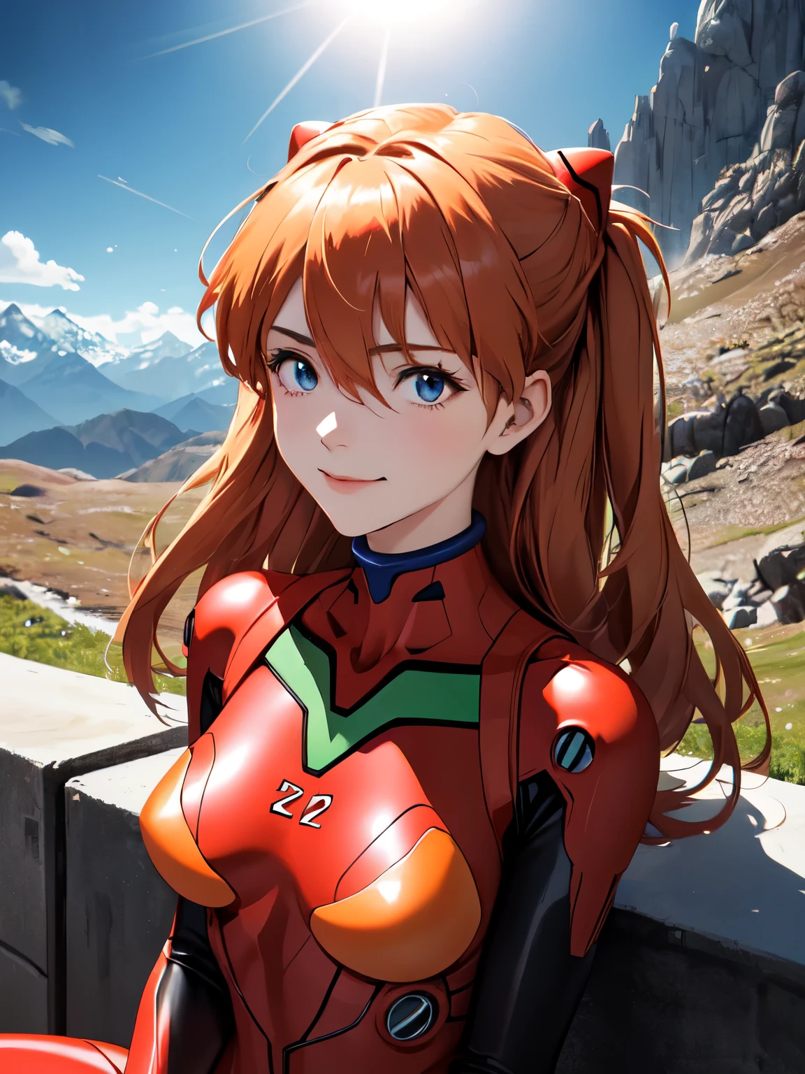 (masterpiece, highest quality), One girl, Beautiful Face, Beautiful body, souryuu_Asuka_Langley, Plug Suit, Bodysuits, Interface Headset, red Bodysuits, Hair between the eyes, Pilot Suit,((Show your whole body:1.5)), smile, sit, night, Mountain, Mountain小屋