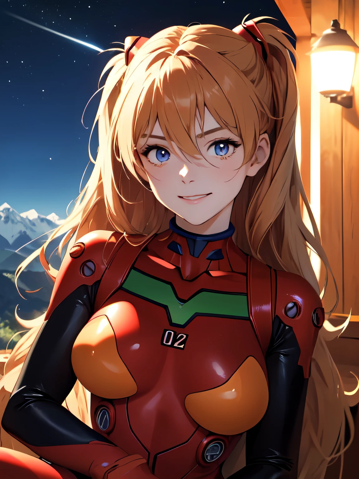 (masterpiece, highest quality), One girl, Beautiful Face, Beautiful body, souryuu_明日香_Langley, Plug Suit, Bodysuits, Interface Headset, red Bodysuits, Hair between the eyes, Pilot Suit,((Show your whole body:1.5)), smile, sit, night, Mountain, Mountain Hut, Star of the sky