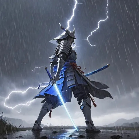 A samurai warrior dressed for battle wields a lightning charged blue sword, it is a dreary rainy battlefield