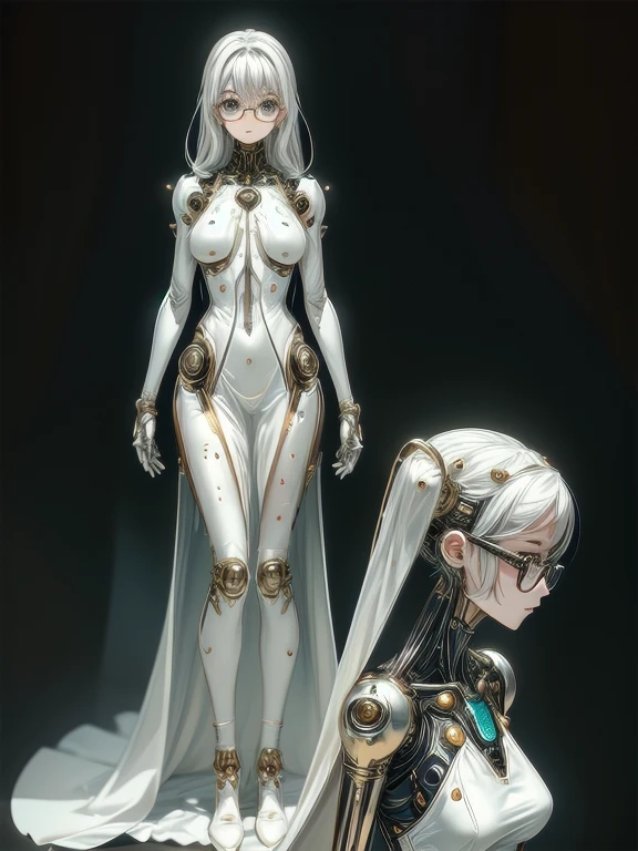 5 8K UHD,
 銀色の金属眼鏡をかけた体の内部骨格が露出した2人の美しいロボット女性がひざまずいている。,
 透明なガラスの外骨格を備えた金と銀の金属ロボット, 裸, 顔は美しい人間の顔です.