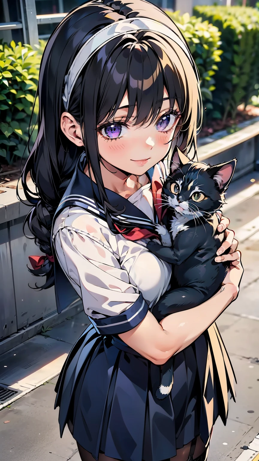 sailor uniform, sailor suit, one woman, (a beauty woman, delicate schoolgirl:1.3), 8k, highest quality, masterpiece, Very detailed, Ultra-high resolution, Realistic, RAW Photos, Absolute Resolution, Black Hair, Braided Hair, small face compared to body, very small face, Black Hair, Navy blue sailor suit, Navy Blue Skirt, High school girl in sailor suit, Anime 2D rendering, realistic young anime school girl, , ((White headband)), position looking down from above, Small breasts, tall, Slanted Eyes, Purple Eyes, Black Stockings, garter belt, smile, pet Shop, (Holding a kitten in your arms:1.3),