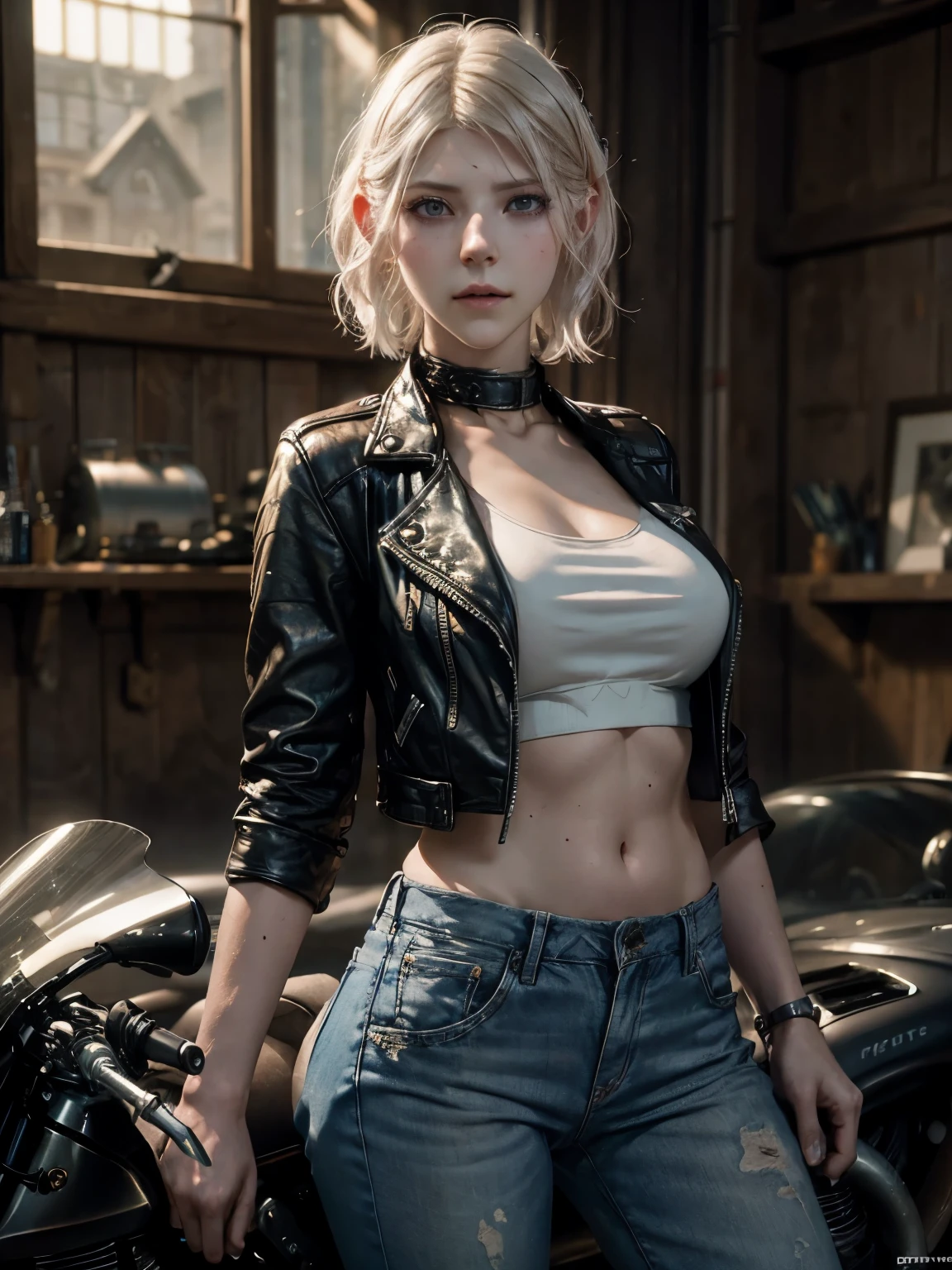 pelo corto rubio, ojos azules vibrantes, piel blanca pálida, ((Katheryn Winnick)), Retrato, ropa de cuero completo, Ropa rockera, (tímido), elegant, hermosa cara, escenario de taller mecanico, escena de motociclista Arte en color RAW con alto detalle, (piel detallada, textura de la piel), (músculo), detalles intrincados, finos detalles, hiperdetallado, trazado de rayos, dispersión subsuperficial, iluminación suave y difusa, poca profundidad de campo, por (Oliver Wetter) Atey Ghailan, por Jeremy Mann, Greg Manchess, Antonio Moro, Tendencia en Artstation, tendencia en CGSociety, Intrincado, Alto detalle, enfoque nítido, dramatic and photorealistic painting art por midjourney and greg rutkowski, Bokeh de fondo, chaqueta del club de motociclistas, mejor calidad, obra maestra, solo 1 chica, Halfbody Retrato, ambiente natural brillante, Mira al espectador, T-Shir, pantalones de cuero, Chaqueta de cuero, ropa negra