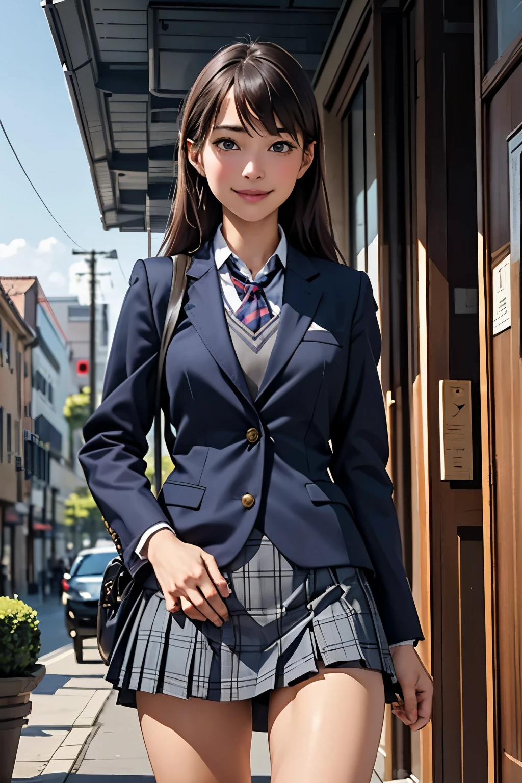 ((highest quality)), ((masterpiece)), (be familiar with),  (Two high school girls standing side by side)、brown hair、Navy blazer、Grey plaid skirt、navy blue socks、School bag、Smile、covert photography、Holding the skirt with your hands、(View from directly below)、navy blue socksのクローズアップ、mangaコマ割り、Manga style、manga、Grand staircase in downtown、(2crotch peek:1.4)