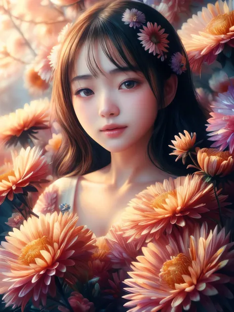 Hyper-realistic portrait of a Japanese girl with Aster flowers, intricate and detailed composition, close-up, shallow depth of f...