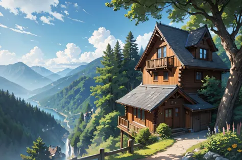 a house on a cliff with a garden, idyllic cottage, cottage in the forest, very high detailed, hq very detailed, very very high d...