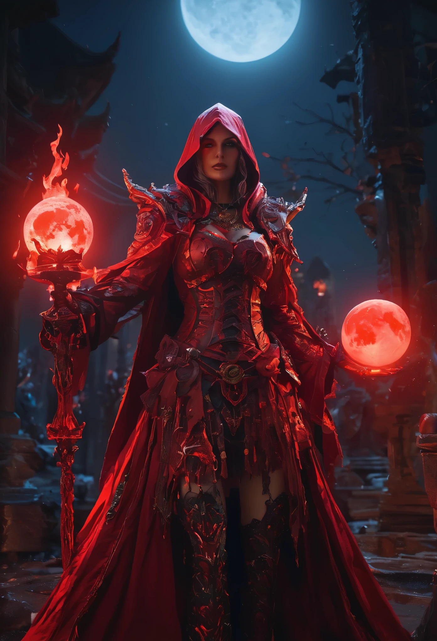 Red Necromancer, Blood Moon, Ray Tracing, masterpiece, highest quality, super high quality, 不条理なdetailed, best Light, Best Shadow, sharp, sharp image, detailed, extremely detailed, Amazing resolution, 8k, 4K, Ultra-high resolution, Particle Effects, Beautiful Effects, Vibrant colors, neon Light, neon, Light,