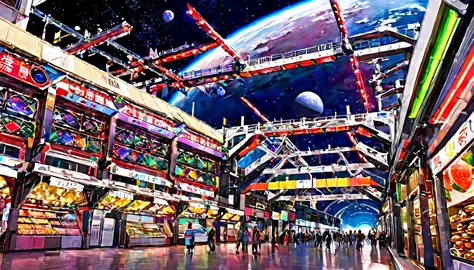 Colorful space station, market, bridge
