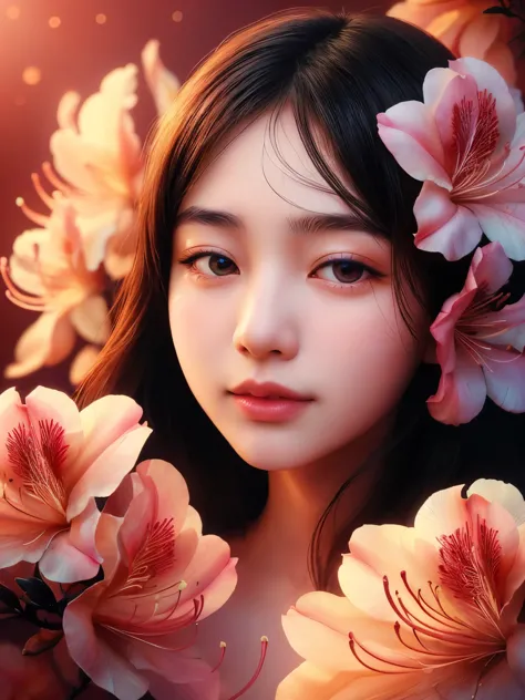 Hyper-realistic portrait of a Japanese girl with Azalea flowers, intricate and detailed composition, close-up, shallow depth of ...