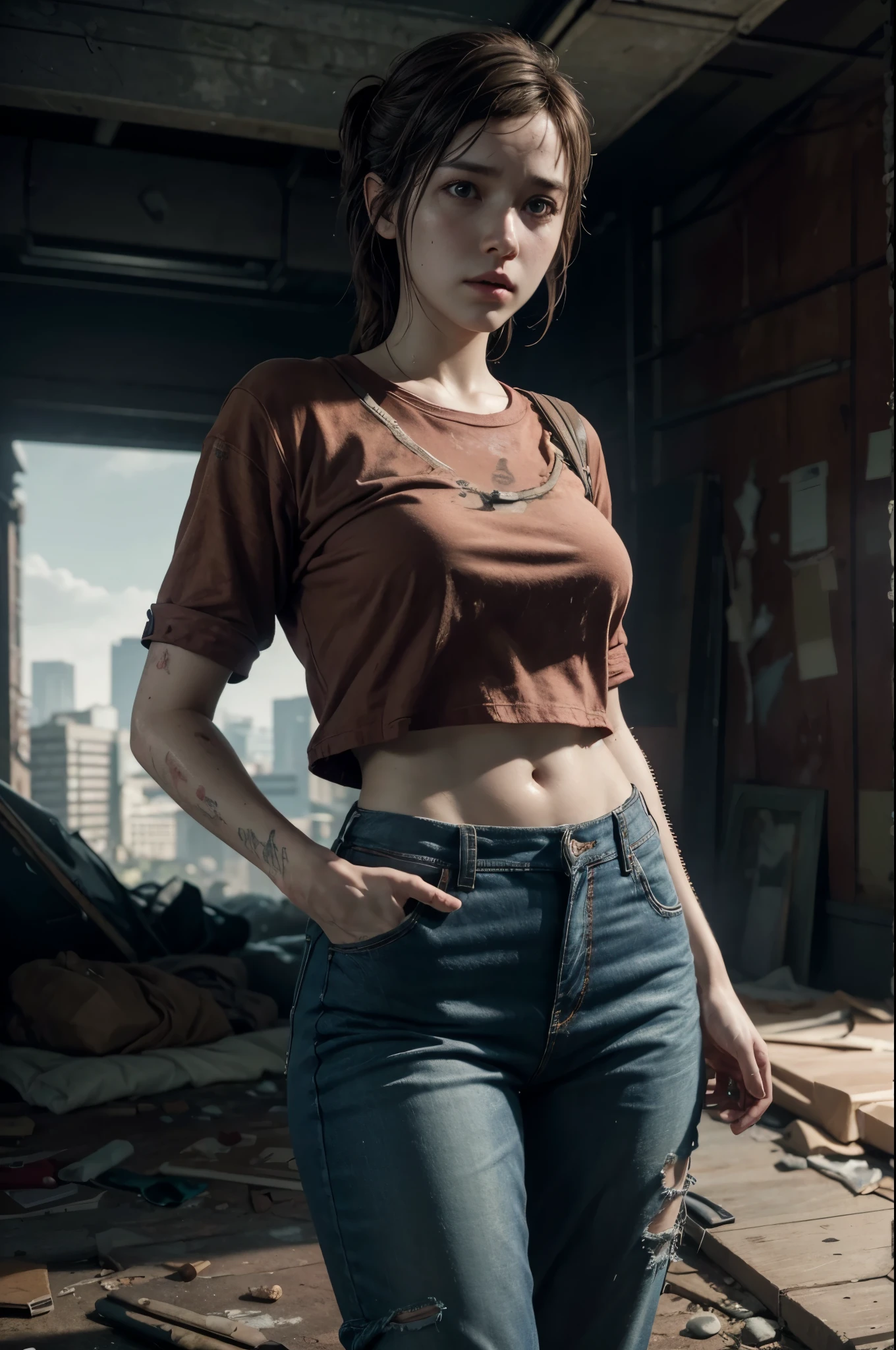 A woman in a brown shirt and jeans standing in a room - SeaArt AI