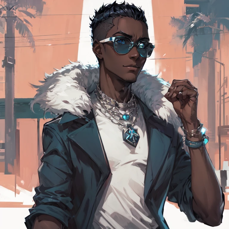 dark skin teenager wearing fancy glasses with dark turquoise frames, black fur-trimmed coat over a dress shirt, and a beaded necklace. trigger anime artstyle, [[[[grinning evily]]]], portrait of ((mischievous)), , male anime character, young anime man, inspired by Miguel from Tekken, tall anime guy with steel blue eyes, fingerless gloves, surban streets with graffiti on the walls, faded haircut, short spikey hair, black hair