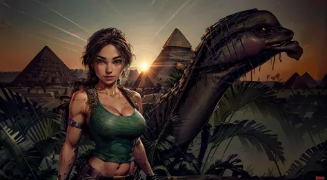 tomb raider epic scene realistic masterpiece, ultra high quality image showing a(( beautiful and sexy lara croft)) , wearing a w...