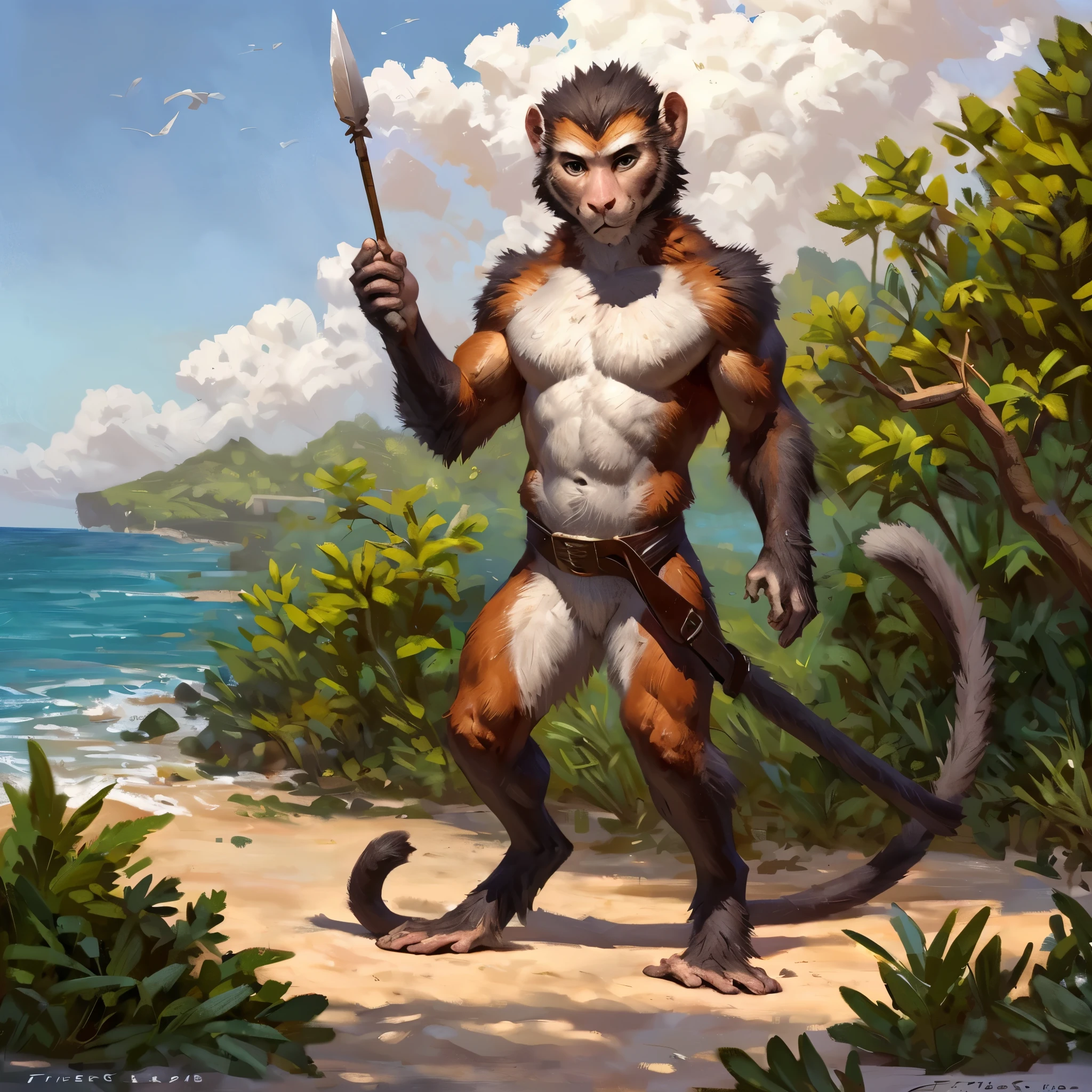 (by sethiova), (by Taran Fiddler), Patas Monkey, solo, feral monkey, male, belt, spear, ocean, beach, trees, sand, small, short legs, skinny body, slender, slim mustache, thick eyebrows, prehensile primate feet, monkey tail, white mustache, grey face, grey hands, orange fur, white fur, feral animal, pulling up belt, standing in ocean, wet fur, seductive, bedroom eyes, relaxed