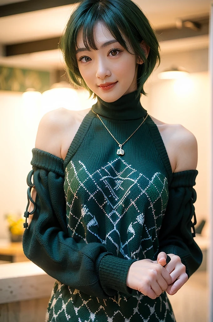 (red lips:1.4), full body, (turtleneck oversize sweater dress:1.2), (cable knit fabric:1.4) , 1girl,solo,
(8k, RAW photo, best quality, masterpiece:1.3),(realistic, photo-realistic:1.37),realistic skin texture,(photorealistic:1.3),(hyperrealistic:1.2), (short hair:1.4) , seducting pose, (green colored clothes:1.7), (green hair:1.7), (seducting smile:1.4), (detached sleeves:1.4), (cheek dimples:1.4), (narrow shoulders:1.7)