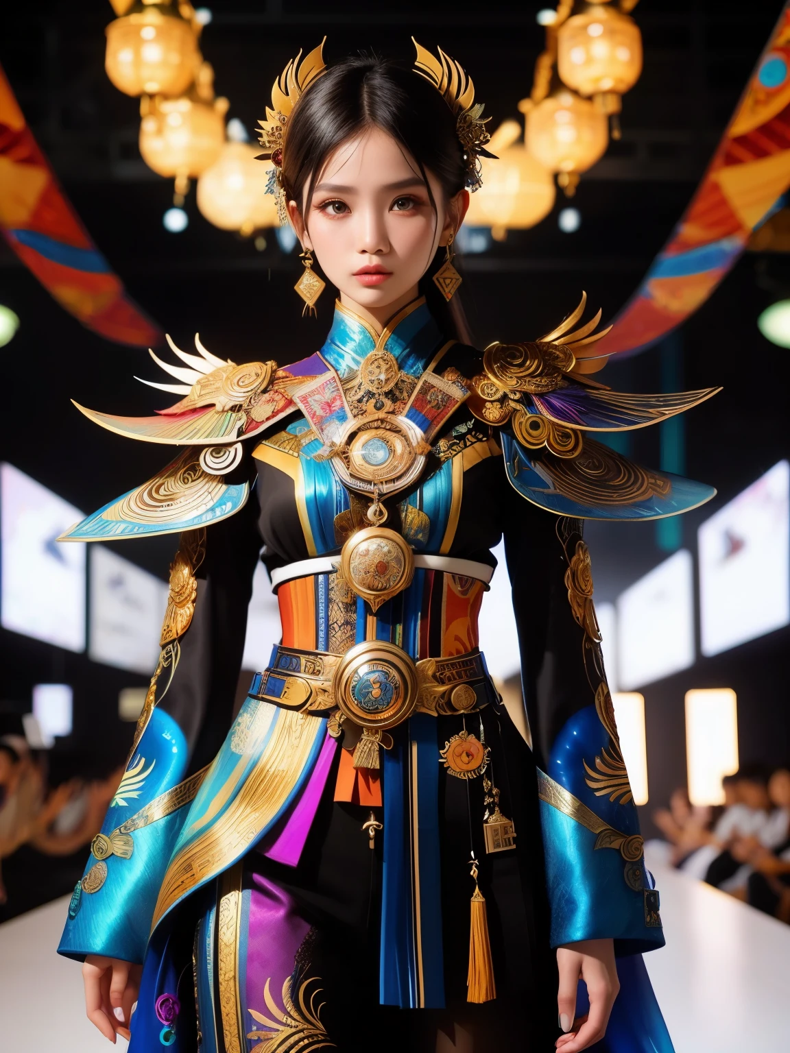 An Indonesian-styled futuristic suit worn by a girl depicting cultural fusion and modern fashion. The suit is adorned with intricate patterns and vibrant colors, showcasing the rich heritage of Indonesia. The girl stands confidently in a dynamic pose, with her detailed eyes reflecting determination and curiosity. The suit's material is a combination of traditional textiles and futuristic synthetic fabrics, giving it a unique and avant-garde appearance. The overall image quality is of the highest standard, with sharp focus and ultra-detailed rendering. The artwork employs physically-based rendering techniques, resulting in realistic lighting and shadows. The colors are vivid and vibrant, capturing the essence of Indonesian cultural aesthetics. The background features a fusion of modern architecture and traditional elements, creating a harmonious blend of the past and the future. The prompt explores the intersection of Indonesian culture, futuristic design, and the artistic representation of a confident girl