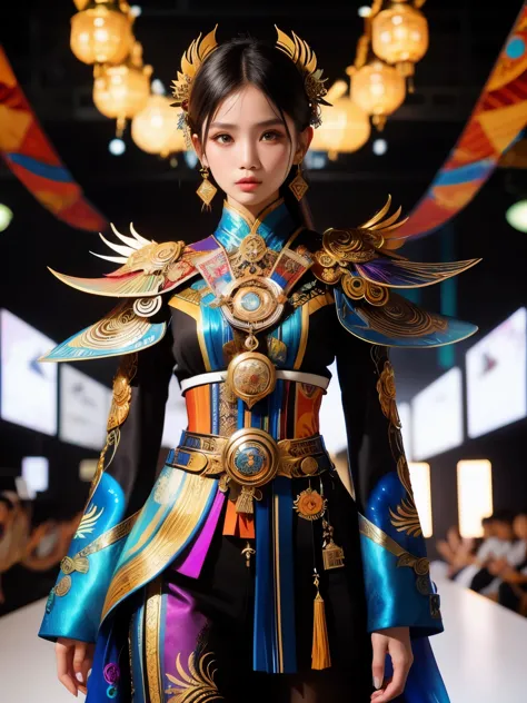 an indonesian-styled futuristic suit worn by a girl depicting cultural fusion and modern fashion. the suit is adorned with intri...