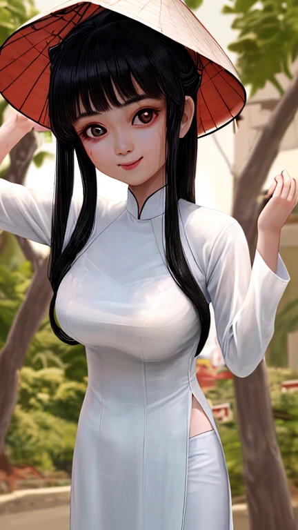 A girl wearing a white ao dai has her hands tied behind her back with a brown rope, her mouth is smiling, her eyes are looking at the camera, big eyes, Vietnamese girl, 18 years old, large bust , layered hair