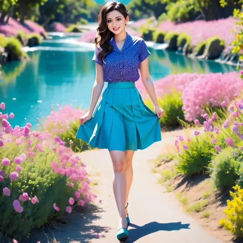 a woman in a blue skirt and leopard shirt posing on a boardwalk, flowing blue skirt, teal skirt, with teal clothes, a blue skirt...