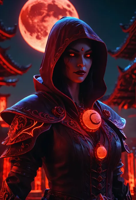 Red Necromancer, Blood Moon, Ray Tracing, masterpiece, highest quality, super high quality, 不条理なdetailed, best Light, Best Shado...