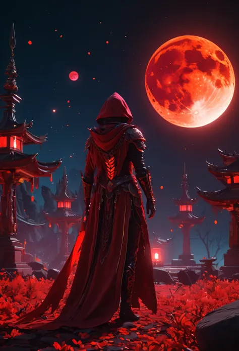 Red Necromancer, Blood Moon, Ray Tracing, masterpiece, highest quality, super high quality, 不条理なdetailed, best Light, Best Shado...