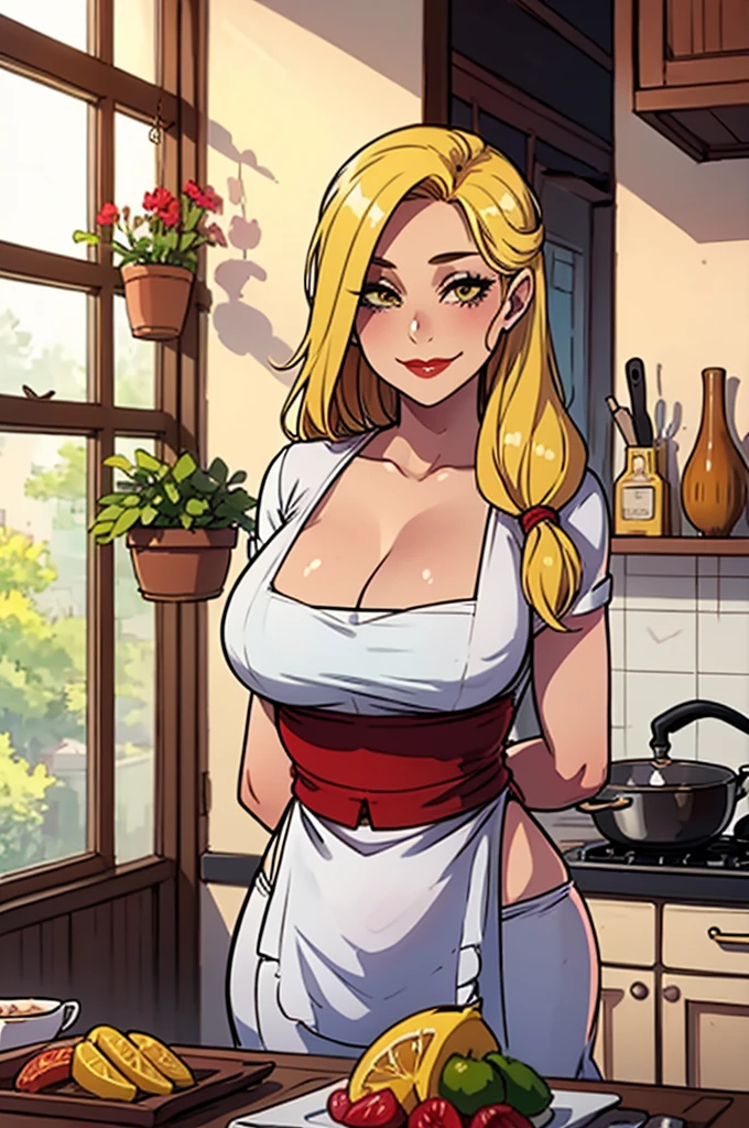 Masterpiece, best quality, 30 years old, traditional house wife, motherly aura and figure, portrait, portrait style photo, female, olive skin, face in center of photo, arms behind back, teasing, motherly expression, big smile,no make-up, red lips, modest clothing and apron, long flowing hair, pastel yellow hair, country house kitchen setting, hazel eyes, beautiful 