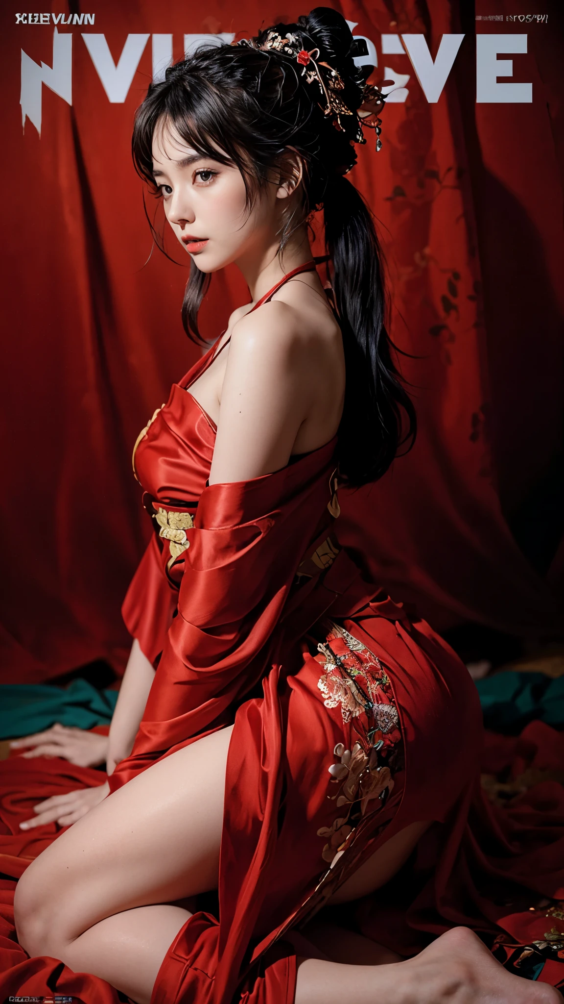 flat style, flat colors, 1girl, side view, samurai girl, black hair, long hair, ponytail, seducing viewer, hearts, female focus, off-shoulder kimono, posing, suggestive pose, kneeling, red theme, (red) and black background, magazine cover, helvetica bold    concept art  expressiveh  