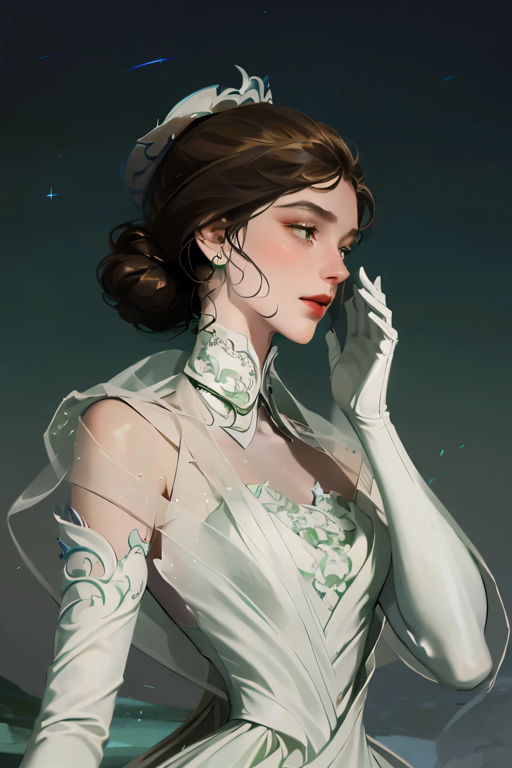 ((High quality work)), Clean and simple lines, The green dress and beautiful ruffled lace complement each other, Enriches the layering of the entire picture, Elegant Edwardian lace dresses and princess dresses add a lot of color to the characters, Gesture with hands behind back , It also shows the gentle and elegant side of women.
