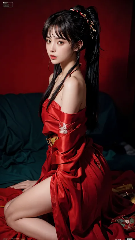 flat style, flat colors, 1girl,(looking at camera)， side view, samurai girl, black hair, long hair, ponytail, seducing viewer, h...