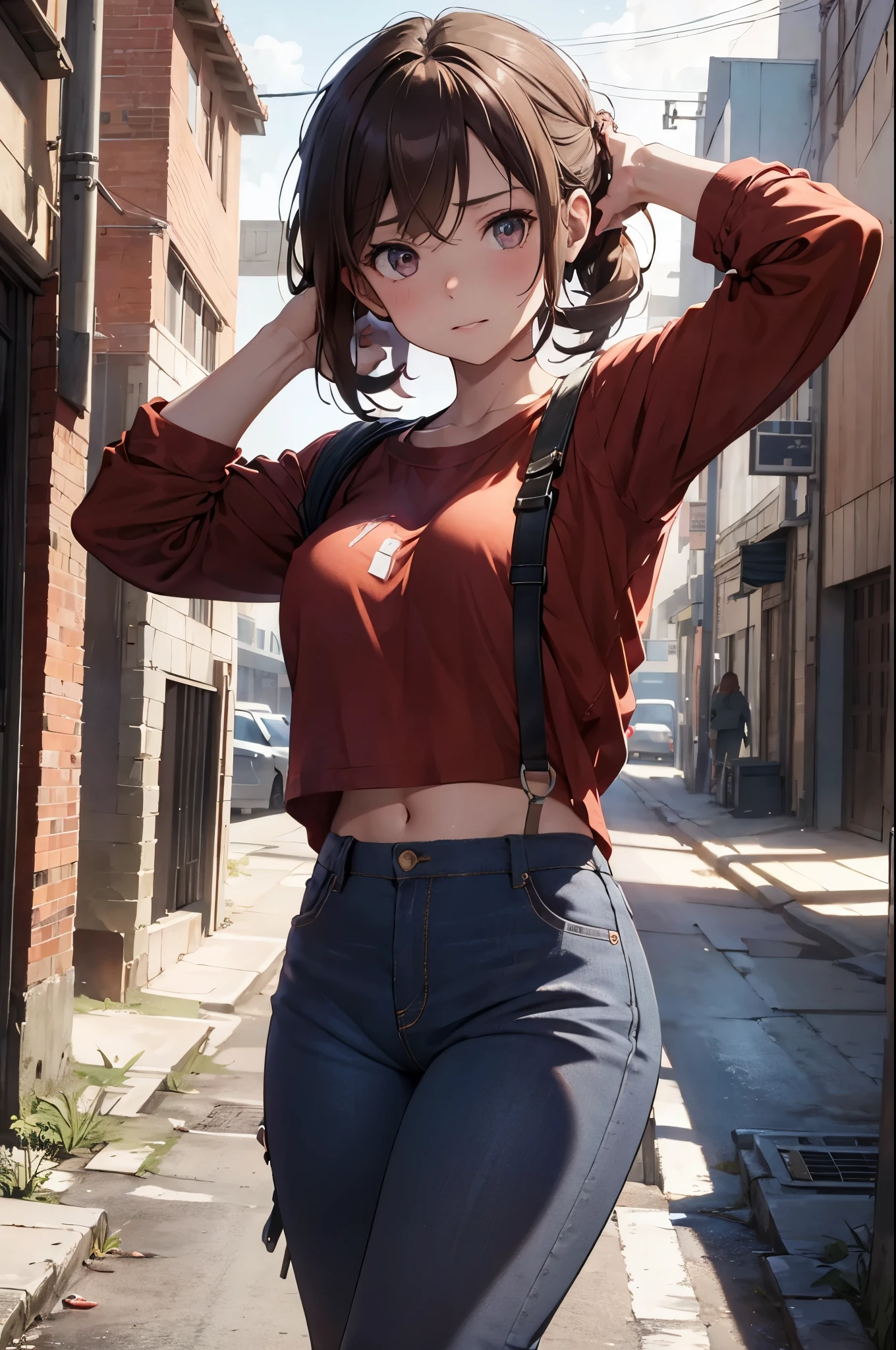 NSFW, Masterpiece, 1.4 Top Image 4K, Ellie The Last Of Us, Brown Hair, Red Shirt, Dark Blue Pants, Rendering In An Apocalyptic City, Showing Panties, Ultra Realistic, 4K Wallpaper, EnvyBetterHands LoCon.