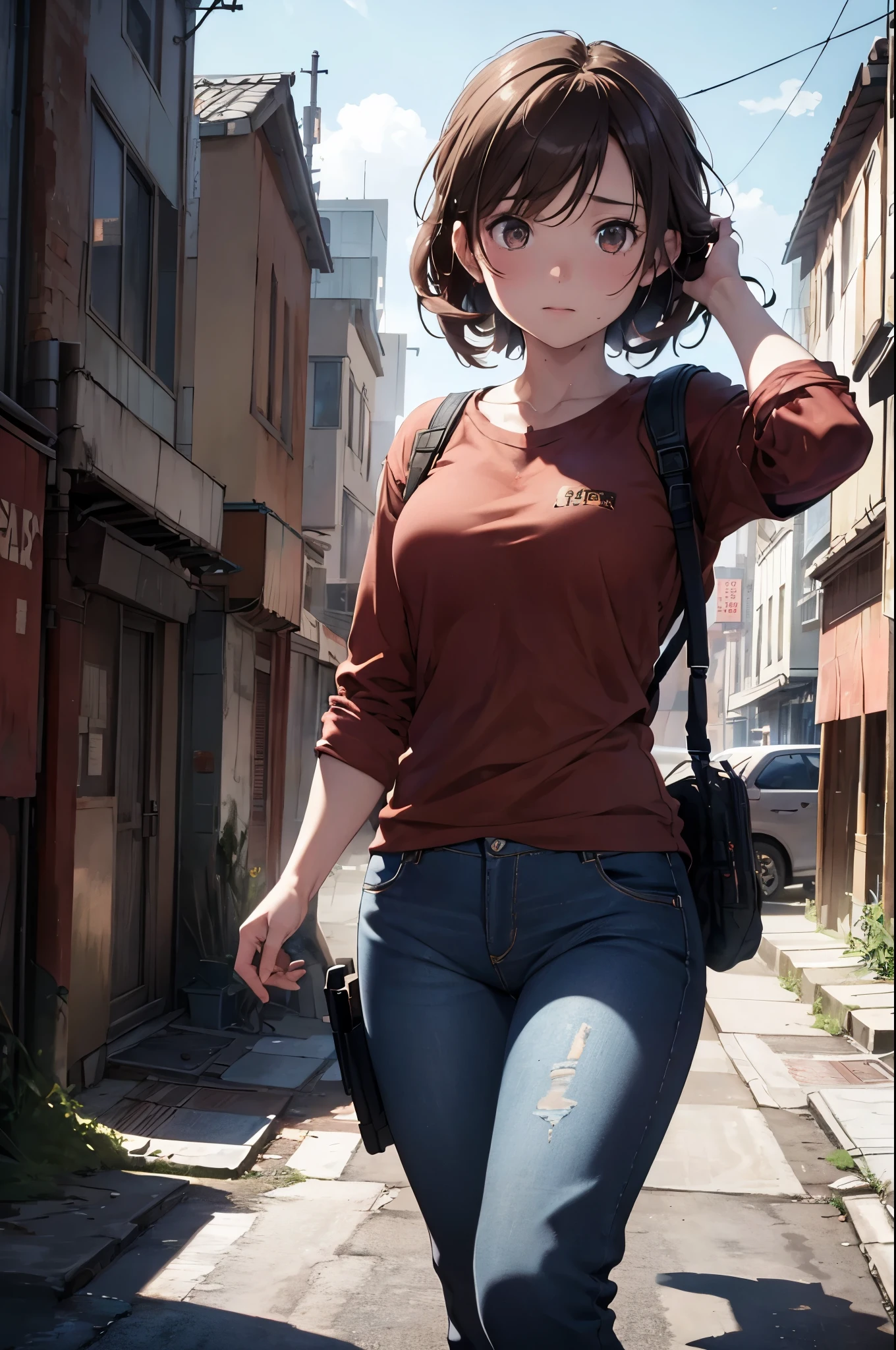 NSFW, Masterpiece, 1.4 Top Image 4K, Ellie The Last Of Us, Brown Hair, Red Shirt, Dark Blue Pants, Rendering In An Apocalyptic City, Showing Panties, Ultra Realistic, 4K Wallpaper, EnvyBetterHands LoCon.